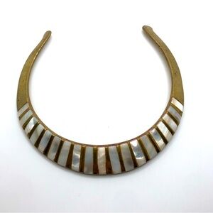 Vtg 70s Brass MOP Mother of Pearl Torque Collar Necklace Sits at 5” - 3” opening